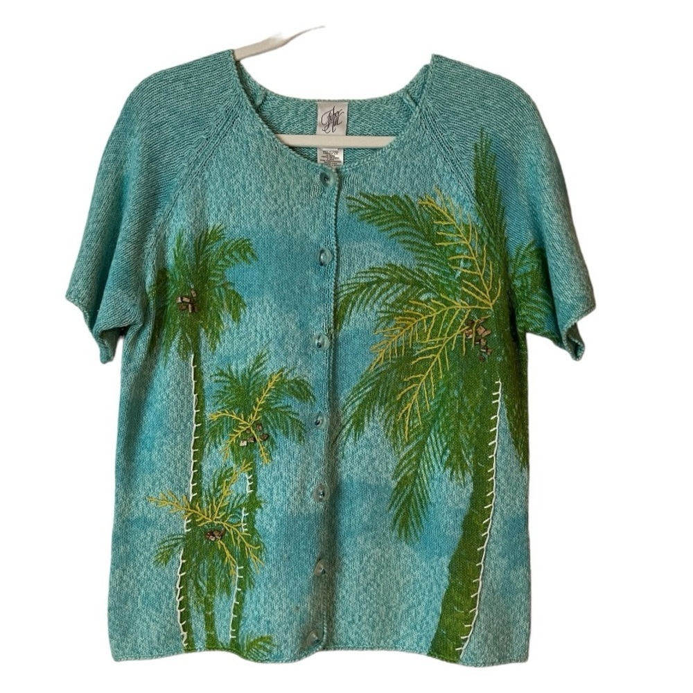 Fisher Hill Tropical Embroidered Sweater Cardigan, Size Large